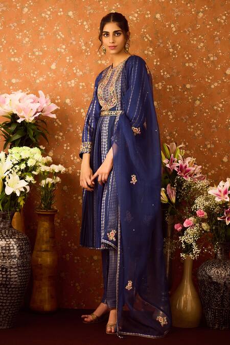 Shop Shyam Narayan Prasad Blue Silk Organza, Viscose Embroidery, Zari Round Brocade Pattern Kurta Pant Set Online at Aza Fashions Shop_Shyam Narayan Prasad_Blue Silk Organza, Viscose Embroidery, Zari Round Brocade Pattern Kurta Pant Set _Online_at_Aza_Fashions