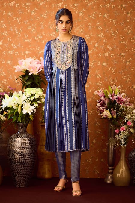 Shyam Narayan Prasad Blue Silk Organza, Viscose Embroidery, Zari Round Brocade Pattern Kurta Pant Set at Aza Fashions Shyam Narayan Prasad_Blue Silk Organza, Viscose Embroidery, Zari Round Brocade Pattern Kurta Pant Set _at_Aza_Fashions