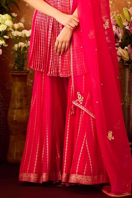 Shop Shyam Narayan Prasad Red Organza, Viscose, Embroidery, Brocade Pattern Kurta Sharara Set Online at Aza Fashions Shop_Shyam Narayan Prasad_Red Organza, Viscose, Embroidery, Brocade Pattern Kurta Sharara Set _Online_at_Aza_Fashions