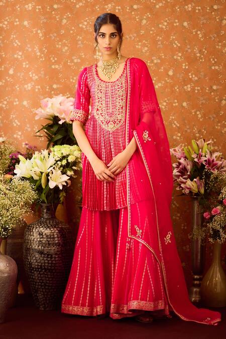 Shyam Narayan Prasad Red Organza, Viscose, Embroidery, Brocade Pattern Kurta Sharara Set at Aza Fashions Shyam Narayan Prasad_Red Organza, Viscose, Embroidery, Brocade Pattern Kurta Sharara Set _at_Aza_Fashions