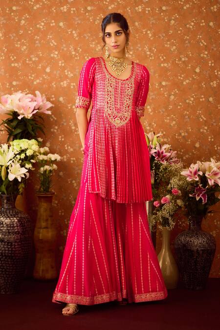 Buy Shyam Narayan Prasad Red Organza, Viscose, Embroidery, Brocade Pattern Kurta Sharara Set Buy_Shyam Narayan Prasad_Red Organza, Viscose, Embroidery, Brocade Pattern Kurta Sharara Set