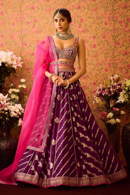 Buy Shyam Narayan Prasad Purple Silk Organza, Viscose Floral Brocade Panelled Bridal Lehenga Set Online at Aza Fashions Buy_Shyam Narayan Prasad_Purple Silk Organza, Viscose Floral Brocade Panelled Bridal Lehenga Set _Online_at_Aza_Fashions