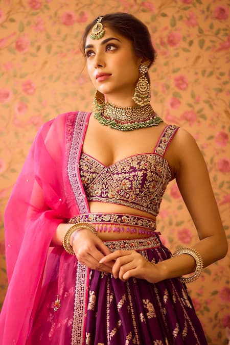 Shop Shyam Narayan Prasad Purple Silk Organza, Viscose Floral Brocade Panelled Bridal Lehenga Set Online at Aza Fashions Shop_Shyam Narayan Prasad_Purple Silk Organza, Viscose Floral Brocade Panelled Bridal Lehenga Set _Online_at_Aza_Fashions