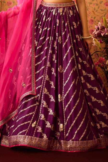 Shyam Narayan Prasad Purple Silk Organza, Viscose Floral Brocade Panelled Bridal Lehenga Set at Aza Fashions Shyam Narayan Prasad_Purple Silk Organza, Viscose Floral Brocade Panelled Bridal Lehenga Set _at_Aza_Fashions