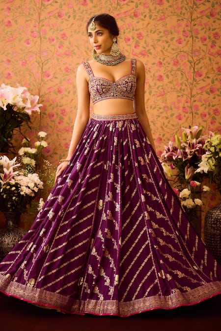 Buy Shyam Narayan Prasad Purple Silk Organza, Viscose Floral Brocade Panelled Bridal Lehenga Set Buy_Shyam Narayan Prasad_Purple Silk Organza, Viscose Floral Brocade Panelled Bridal Lehenga Set