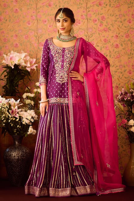 Shyam Narayan Prasad Floral Blossom Embroidered Kurta Lehenga Set 