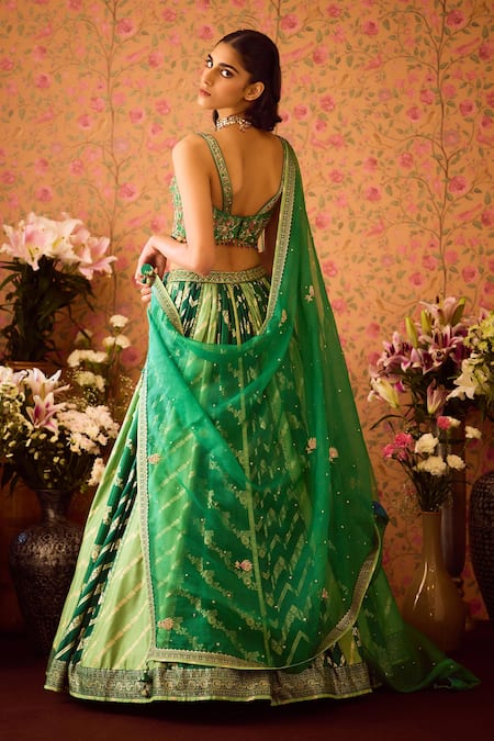 Shyam Narayan Prasad_Green Silk Organza, Viscose Zari, Jasper Color Block Woven Lehenga Set _Online_at_Aza_Fashions