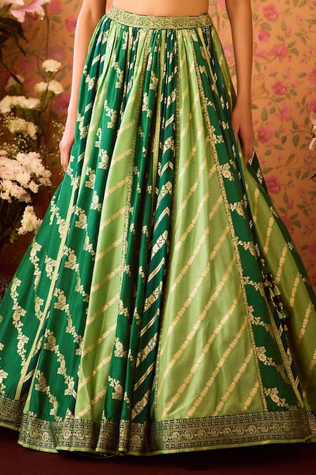 Buy_Shyam Narayan Prasad_Green Silk Organza, Viscose Zari, Jasper Color Block Woven Lehenga Set _Online_at_Aza_Fashions