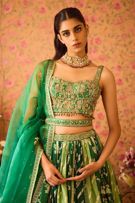 Shop_Shyam Narayan Prasad_Green Silk Organza, Viscose Zari, Jasper Color Block Woven Lehenga Set _Online_at_Aza_Fashions