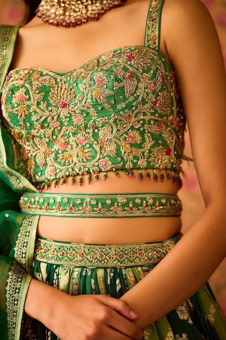 Shyam Narayan Prasad_Green Silk Organza, Viscose Zari, Jasper Color Block Woven Lehenga Set _at_Aza_Fashions