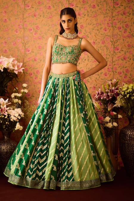 Buy_Shyam Narayan Prasad_Green Silk Organza, Viscose Zari, Jasper Color Block Woven Lehenga Set 