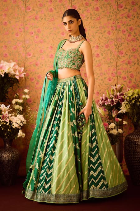 Shop_Shyam Narayan Prasad_Green Silk Organza, Viscose Zari, Jasper Color Block Woven Lehenga Set 