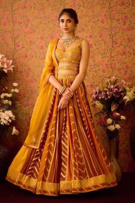 Shyam Narayan Prasad Yellow Viscose Silk Brocade Embroidery Floral Yam Color Block Woven Lehenga Set 