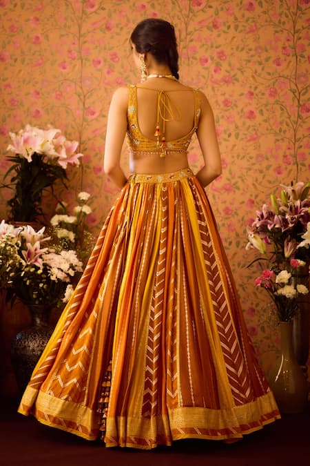 Shyam Narayan Prasad Yellow Organza, Viscose, Yam Color Block Brocade Woven Lehenga Set Online at Aza Fashions Shyam Narayan Prasad_Yellow Organza, Viscose, Yam Color Block Brocade Woven Lehenga Set _Online_at_Aza_Fashions