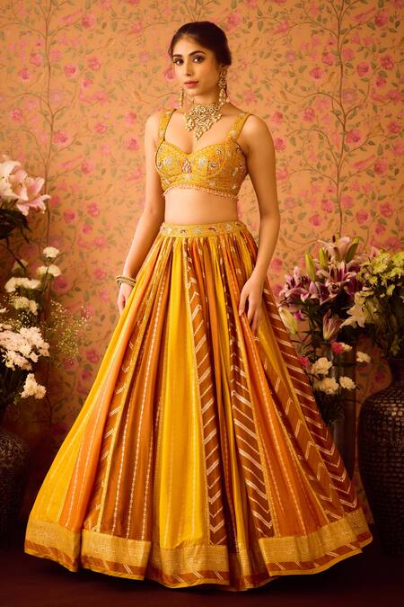 Buy Shyam Narayan Prasad Yellow Organza, Viscose, Yam Color Block Brocade Woven Lehenga Set Online at Aza Fashions Buy_Shyam Narayan Prasad_Yellow Organza, Viscose, Yam Color Block Brocade Woven Lehenga Set _Online_at_Aza_Fashions