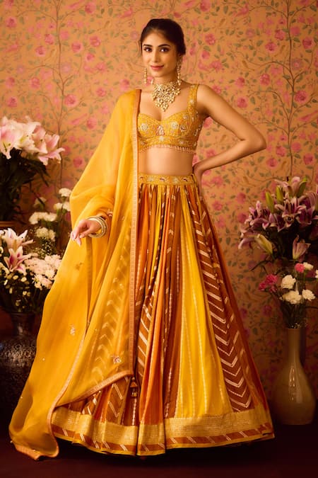 Shop Shyam Narayan Prasad Yellow Organza, Viscose, Yam Color Block Brocade Woven Lehenga Set Online at Aza Fashions Shop_Shyam Narayan Prasad_Yellow Organza, Viscose, Yam Color Block Brocade Woven Lehenga Set _Online_at_Aza_Fashions