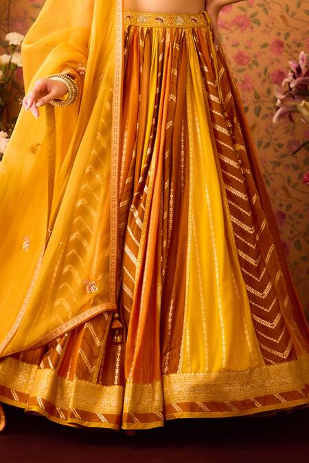 Shyam Narayan Prasad Yellow Organza, Viscose, Yam Color Block Brocade Woven Lehenga Set at Aza Fashions Shyam Narayan Prasad_Yellow Organza, Viscose, Yam Color Block Brocade Woven Lehenga Set _at_Aza_Fashions