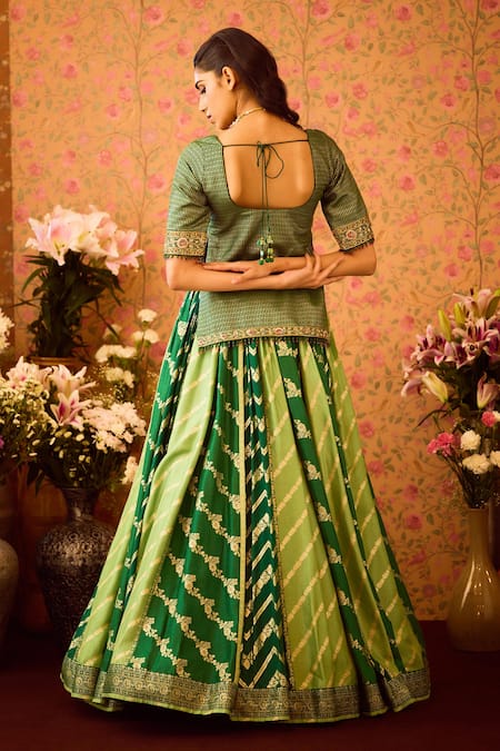 Shyam Narayan Prasad Green Silk Organza, Viscose Embroidery, Zari Jasper Floral Tunic And Lehenga Set Online at Aza Fashions Shyam Narayan Prasad_Green Silk Organza, Viscose Embroidery, Zari Jasper Floral Tunic And Lehenga Set _Online_at_Aza_Fashions