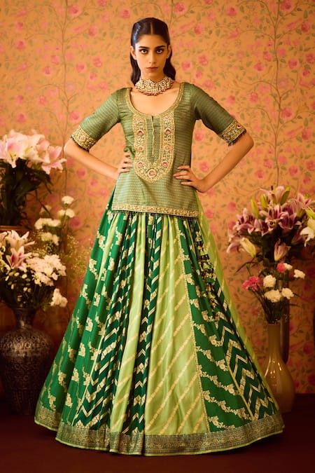 Buy Shyam Narayan Prasad Green Silk Organza, Viscose Embroidery, Zari Jasper Floral Tunic And Lehenga Set Online at Aza Fashions Buy_Shyam Narayan Prasad_Green Silk Organza, Viscose Embroidery, Zari Jasper Floral Tunic And Lehenga Set _Online_at_Aza_Fashions