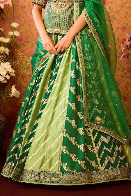 Shop Shyam Narayan Prasad Green Silk Organza, Viscose Embroidery, Zari Jasper Floral Tunic And Lehenga Set Online at Aza Fashions Shop_Shyam Narayan Prasad_Green Silk Organza, Viscose Embroidery, Zari Jasper Floral Tunic And Lehenga Set _Online_at_Aza_Fashions