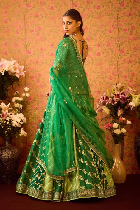 Shyam Narayan Prasad Green Silk Organza, Viscose Embroidery, Zari Jasper Floral Tunic And Lehenga Set at Aza Fashions Shyam Narayan Prasad_Green Silk Organza, Viscose Embroidery, Zari Jasper Floral Tunic And Lehenga Set _at_Aza_Fashions