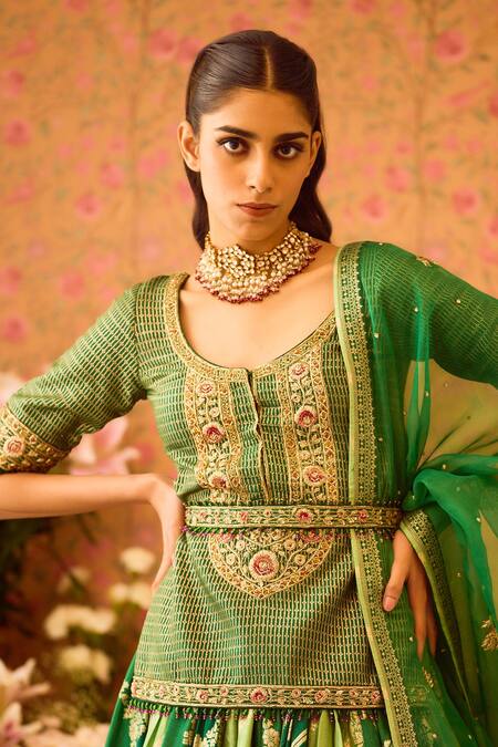 Buy Shyam Narayan Prasad Green Silk Organza, Viscose Embroidery, Zari Jasper Floral Tunic And Lehenga Set Buy_Shyam Narayan Prasad_Green Silk Organza, Viscose Embroidery, Zari Jasper Floral Tunic And Lehenga Set