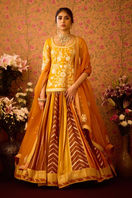Buy Shyam Narayan Prasad Yellow Organza, Viscose, Yam Floral Brocade Tunic And Lehenga Set Online at Aza Fashions Buy_Shyam Narayan Prasad_Yellow Organza, Viscose, Yam Floral Brocade Tunic And Lehenga Set _Online_at_Aza_Fashions