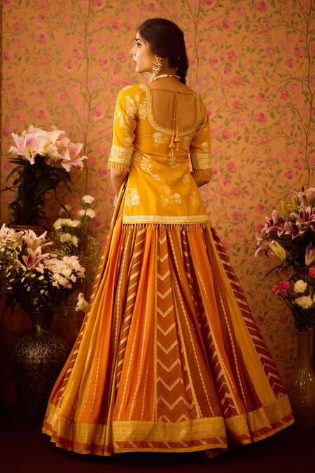 Shyam Narayan Prasad Yellow Organza, Viscose, Yam Floral Brocade Tunic And Lehenga Set at Aza Fashions Shyam Narayan Prasad_Yellow Organza, Viscose, Yam Floral Brocade Tunic And Lehenga Set _at_Aza_Fashions