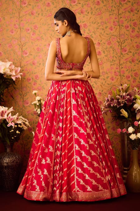 Shyam Narayan Prasad Red Silk Organza, Viscose Stones, Flower Butti Brocade Panel Lehenga Set Online at Aza Fashions Shyam Narayan Prasad_Red Silk Organza, Viscose Stones, Flower Butti Brocade Panel Lehenga Set _Online_at_Aza_Fashions