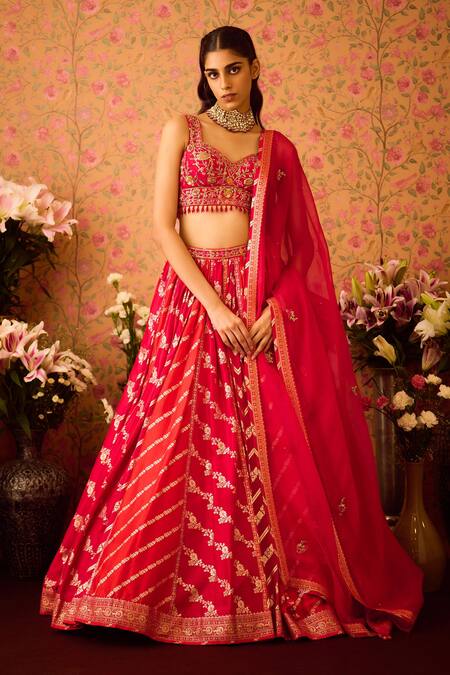 Buy Shyam Narayan Prasad Red Silk Organza, Viscose Stones, Flower Butti Brocade Panel Lehenga Set Online at Aza Fashions Buy_Shyam Narayan Prasad_Red Silk Organza, Viscose Stones, Flower Butti Brocade Panel Lehenga Set _Online_at_Aza_Fashions
