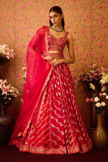 Shop Shyam Narayan Prasad Red Silk Organza, Viscose Stones, Flower Butti Brocade Panel Lehenga Set Online at Aza Fashions Shop_Shyam Narayan Prasad_Red Silk Organza, Viscose Stones, Flower Butti Brocade Panel Lehenga Set _Online_at_Aza_Fashions