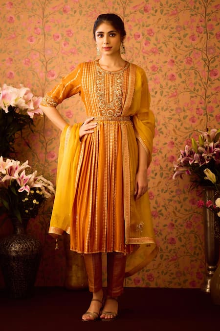 Shyam Narayan Prasad Yellow Silk Organza, Viscose Zari, Embroidery, Hand Pleated Kurta Pant Set Online at Aza Fashions Shyam Narayan Prasad_Yellow Silk Organza, Viscose Zari, Embroidery, Hand Pleated Kurta Pant Set _Online_at_Aza_Fashions