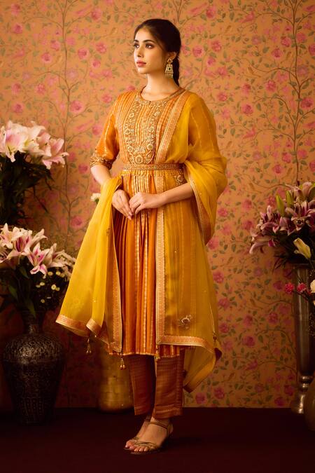 Buy Shyam Narayan Prasad Yellow Silk Organza, Viscose Zari, Embroidery, Hand Pleated Kurta Pant Set Online at Aza Fashions Buy_Shyam Narayan Prasad_Yellow Silk Organza, Viscose Zari, Embroidery, Hand Pleated Kurta Pant Set _Online_at_Aza_Fashions