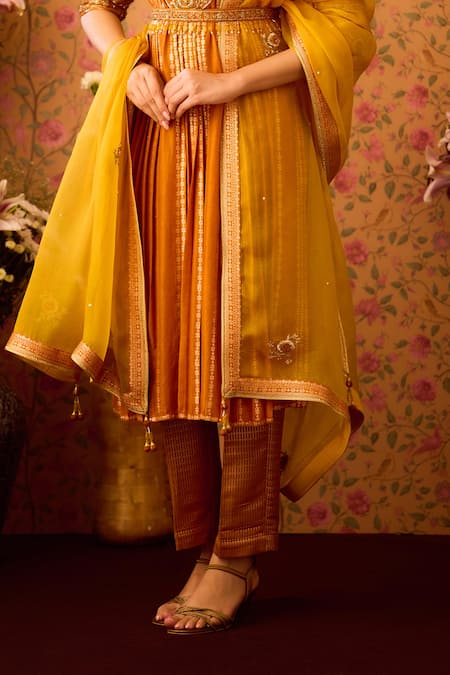Shop Shyam Narayan Prasad Yellow Silk Organza, Viscose Zari, Embroidery, Hand Pleated Kurta Pant Set Online at Aza Fashions Shop_Shyam Narayan Prasad_Yellow Silk Organza, Viscose Zari, Embroidery, Hand Pleated Kurta Pant Set _Online_at_Aza_Fashions