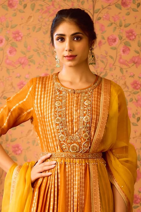 Shyam Narayan Prasad Yellow Silk Organza, Viscose Zari, Embroidery, Hand Pleated Kurta Pant Set at Aza Fashions Shyam Narayan Prasad_Yellow Silk Organza, Viscose Zari, Embroidery, Hand Pleated Kurta Pant Set _at_Aza_Fashions