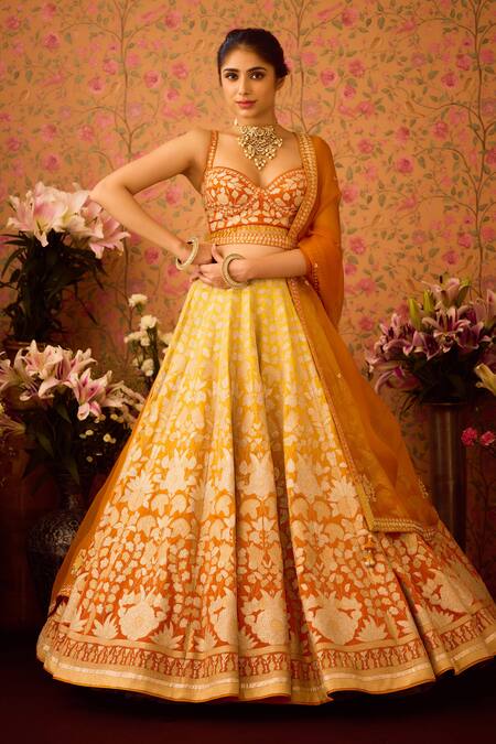 Buy_Shyam Narayan Prasad_Yellow Organza, Stones, Embroidery Ombre Floral Applique Lehenga Set _Online_at_Aza_Fashions