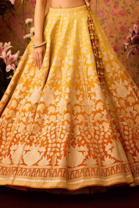 Shyam Narayan Prasad_Yellow Organza, Stones, Embroidery Ombre Floral Applique Lehenga Set _at_Aza_Fashions