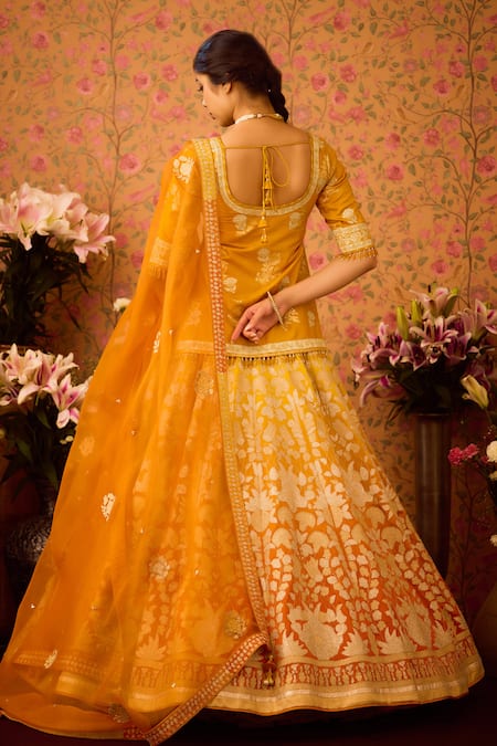 Shyam Narayan Prasad_Yellow Organza, Embroidery Ombre Floral Applique Lehenga Tunic Set _Online_at_Aza_Fashions