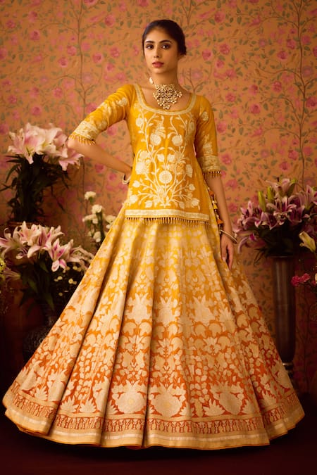 Buy_Shyam Narayan Prasad_Yellow Organza, Embroidery Ombre Floral Applique Lehenga Tunic Set _Online_at_Aza_Fashions