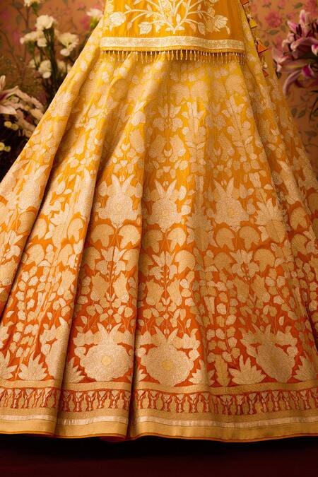Shop_Shyam Narayan Prasad_Yellow Organza, Embroidery Ombre Floral Applique Lehenga Tunic Set _Online_at_Aza_Fashions