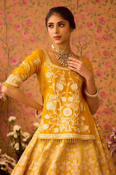 Shyam Narayan Prasad_Yellow Organza, Embroidery Ombre Floral Applique Lehenga Tunic Set _at_Aza_Fashions
