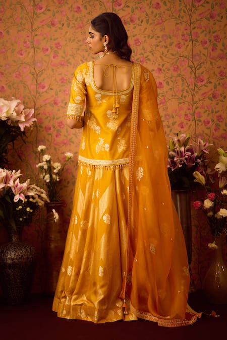 Shyam Narayan Prasad_Gold Organza, Viscose, Floral Bloom Applique Tunic And Lehenga Set _Online_at_Aza_Fashions