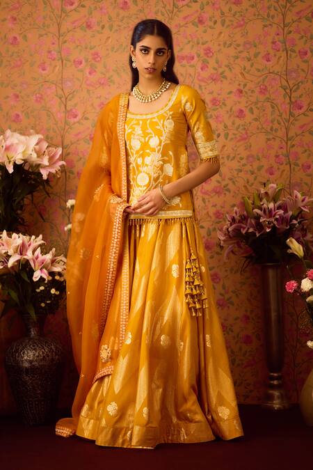 Buy_Shyam Narayan Prasad_Gold Organza, Viscose, Floral Bloom Applique Tunic And Lehenga Set _Online_at_Aza_Fashions