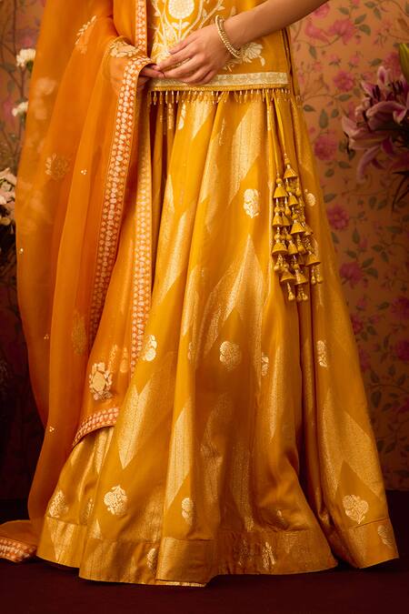 Shop_Shyam Narayan Prasad_Gold Organza, Viscose, Floral Bloom Applique Tunic And Lehenga Set _Online_at_Aza_Fashions