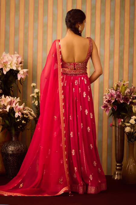 Shyam Narayan Prasad Red Silk Organza, Georgette, Brocade, Floral Butti Pattern Lehenga And Blouse Set Online at Aza Fashions Shyam Narayan Prasad_Red Silk Organza, Georgette, Brocade, Floral Butti Pattern Lehenga And Blouse Set _Online_at_Aza_Fashions