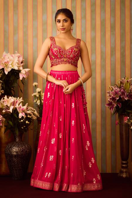 Buy Shyam Narayan Prasad Red Silk Organza, Georgette, Brocade, Floral Butti Pattern Lehenga And Blouse Set Online at Aza Fashions Buy_Shyam Narayan Prasad_Red Silk Organza, Georgette, Brocade, Floral Butti Pattern Lehenga And Blouse Set _Online_at_Aza_Fashions