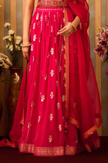 Shop Shyam Narayan Prasad Red Silk Organza, Georgette, Brocade, Floral Butti Pattern Lehenga And Blouse Set Online at Aza Fashions Shop_Shyam Narayan Prasad_Red Silk Organza, Georgette, Brocade, Floral Butti Pattern Lehenga And Blouse Set _Online_at_Aza_Fashions