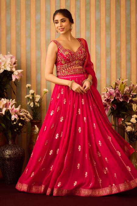 Shyam Narayan Prasad Red Silk Organza, Georgette, Brocade, Floral Butti Pattern Lehenga And Blouse Set at Aza Fashions Shyam Narayan Prasad_Red Silk Organza, Georgette, Brocade, Floral Butti Pattern Lehenga And Blouse Set _at_Aza_Fashions