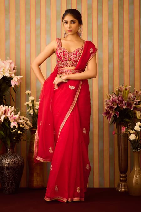 Buy_Shyam Narayan Prasad_Red Silk Organza, Viscose Embroidery, Floral Butti Pattern Saree And Blouse Set _Online_at_Aza_Fashions
