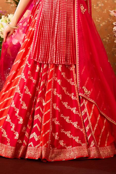 Shop Shyam Narayan Prasad Red Organza, Viscose, Embroidery, Chevron Brocade Panel Lehenga Set Online at Aza Fashions Shop_Shyam Narayan Prasad_Red Organza, Viscose, Embroidery, Chevron Brocade Panel Lehenga Set _Online_at_Aza_Fashions